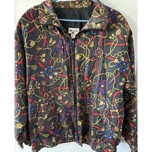 Silk Road Vintage 100% Silk Bomber Jacket Chain Tassel Print Windbreaker Medium